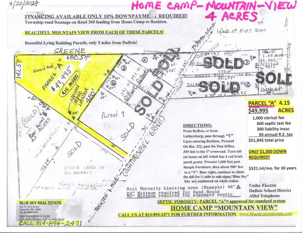 4+ Acre Building Parcel in Rockton, PA "Home CampMountain View Subdivision" Parcel "A" Blue